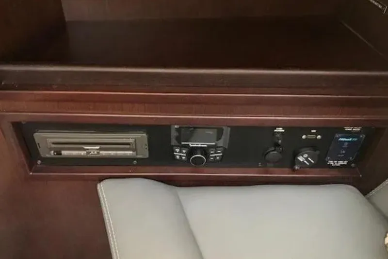  Yacht Photos Pics Control panel of a 2018 Cobalt R35 boat with audio and navigation systems.