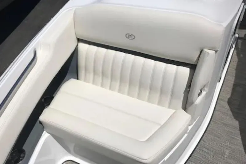  Yacht Photos Pics White leather seating in a 2018 Cobalt R35 boat interior.
