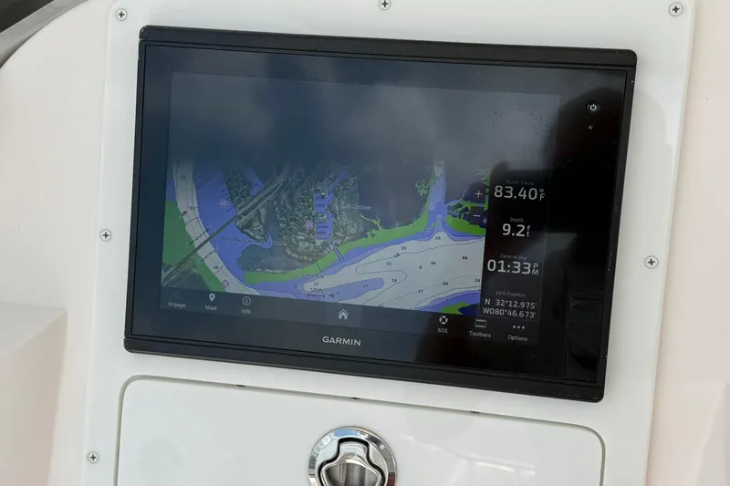  Yacht Photos Pics Garmin navigation display on 2006 Intrepid 377 boat, showing map and data.