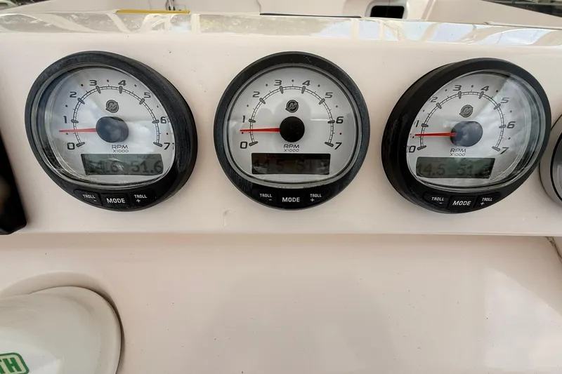  Yacht Photos Pics Dashboard of a 2006 Intrepid 377 boat showing RPM gauges.