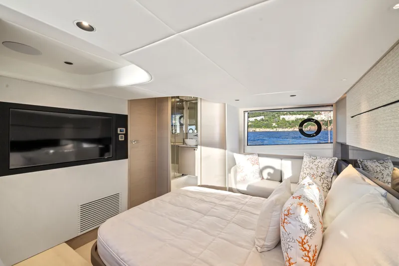 V50 Open Yacht Photos Pics Luxurious interior of 2026 Princess V50 Open yacht with scenic ocean view.