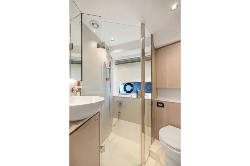 V50 Open Yacht Photos Pics Modern bathroom interior on 2026 Princess V50 Open yacht, featuring sleek design and fixtures.