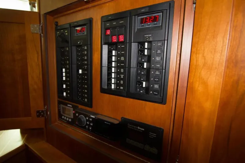 Ohana Yacht Photos Pics Electrical control panel on 2016 Sabre Flybridge yacht, featuring digital displays and switches.