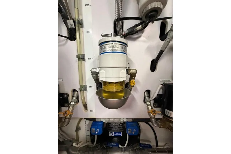  Yacht Photos Pics Engine room of 2023 Maritimo M600 yacht showing fuel filter system.