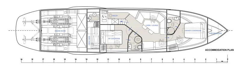  Yacht Photos Pics Floor plan of a Custom RK18 yacht, 2025 model, showing engine room, staterooms, and lounge.