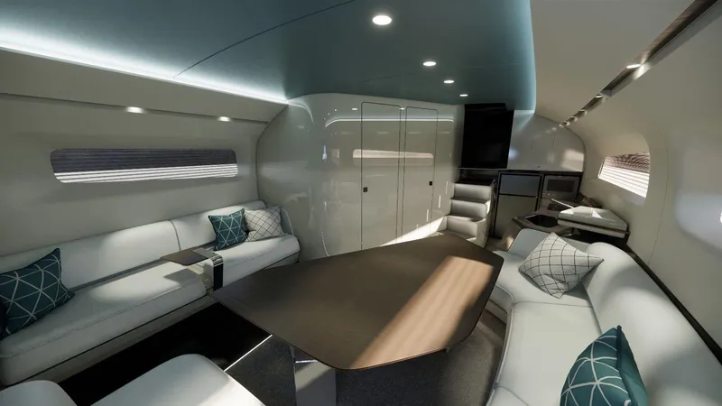  Yacht Photos Pics Luxurious Custom RK18 2025 private jet interior with modern seating and elegant design.