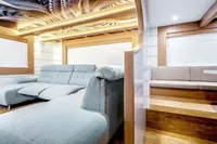 Luxurious interior of 2020 Catamaran Ocean Beast 65 with modern seating and elegant design.