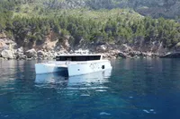 2020 Catamaran Ocean Beast 65 sailing near a rocky, forested coastline.