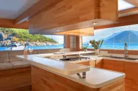 Luxurious interior of 2020 Catamaran Ocean Beast 65 with scenic ocean view.