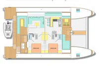 Floor plan of 2020 Catamaran Ocean Beast 65, showcasing three levels with detailed room layouts.