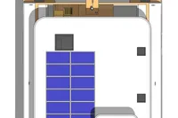 Top view of 2020 Catamaran Ocean Beast 65 with solar panels and deck layout.