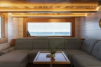 Luxurious interior of 2020 Catamaran Ocean Beast 65 with ocean view through window.