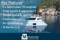 Catamaran Ocean Beast 65 features, including engines, solar panels, and air conditioning, by Marine Unlimited.