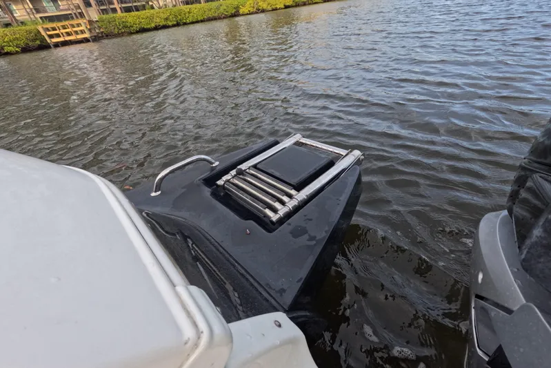  Yacht Photos Pics 2024 Caymas 281 HB boat ladder on water, near dock and greenery.