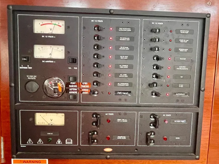 Caravan Yacht Photos Pics Electrical control panel on a 2002 Beneteau First 47.7 yacht.