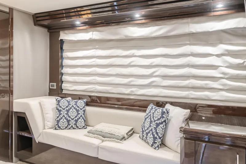 Fine Seas-onings Yacht Photos Pics Luxurious interior of 2018 Marquis 720 Fly yacht with elegant seating and decorative pillows.
