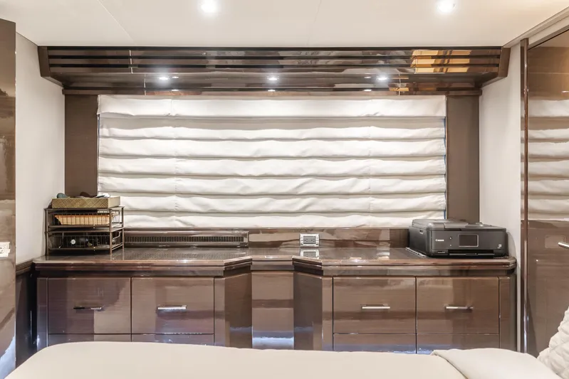 Fine Seas-onings Yacht Photos Pics Luxurious interior of 2018 Marquis 720 Fly yacht with sleek cabinetry and modern decor.