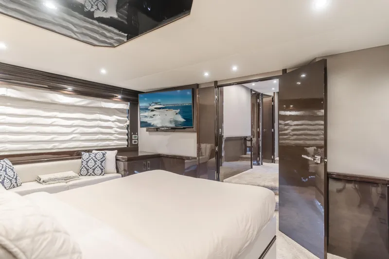 Fine Seas-onings Yacht Photos Pics Luxurious interior of 2018 Marquis 720 Fly yacht bedroom with modern decor.
