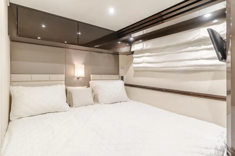 Fine Seas-onings Yacht Photos Pics Luxurious bedroom interior of 2018 Marquis 720 Fly yacht with elegant bedding.