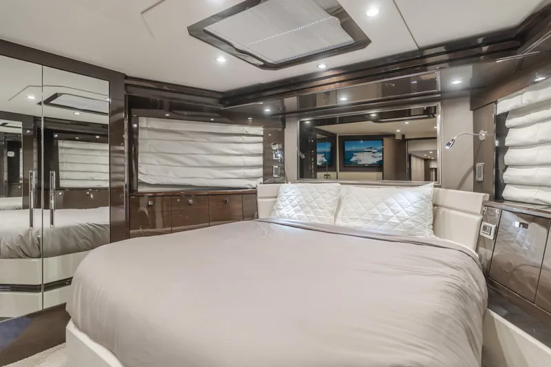 Fine Seas-onings Yacht Photos Pics Luxurious bedroom interior of 2018 Marquis 720 Fly yacht with modern design and ambient lighting.