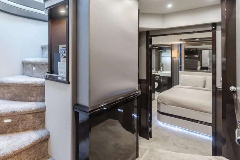 Fine Seas-onings Yacht Photos Pics Luxurious interior of 2018 Marquis 720 Fly yacht with modern bedroom and elegant staircase.