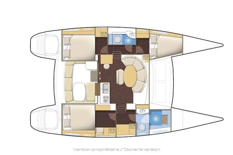 Alice Yacht Photos Pics Floor plan of a 2015 Lagoon 380 S2 catamaran, featuring cabins and living areas.
