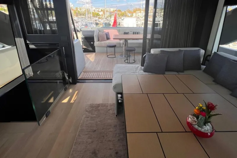  Yacht Photos Pics Luxurious interior of 2020 Bluegame BGX 70 yacht with modern seating and decor.