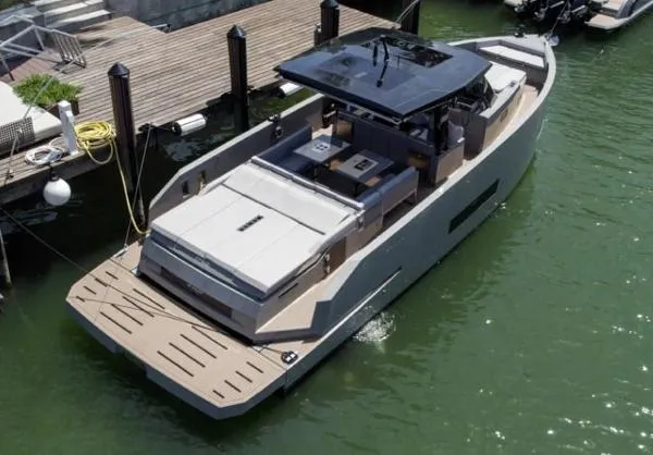  Yacht Photos Pics 2022 De Antonio Yachts D42 luxury yacht docked in marina, aerial view.