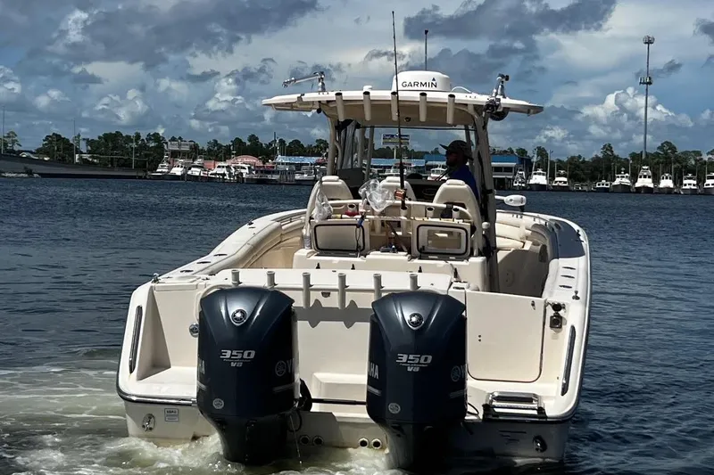  Yacht Photos Pics 2015 Grady-White Canyon 336 boat with twin Yamaha 350 engines on water.