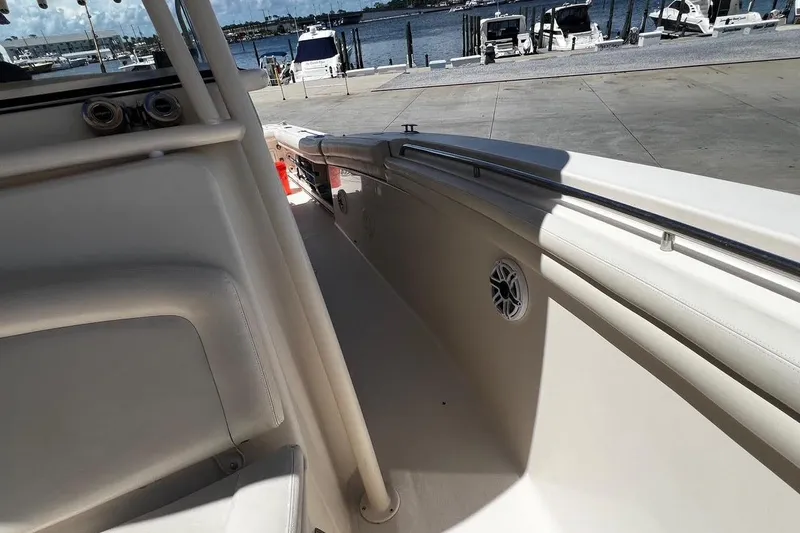  Yacht Photos Pics 2015 Grady-White Canyon 336 boat interior with dock view.