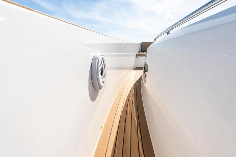  Yacht Photos Pics Side deck view of 2023 Pardo Yachts 43, featuring sleek design and wood finish.