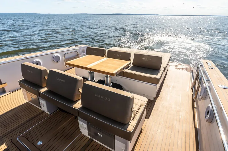  Yacht Photos Pics Luxurious 2023 Pardo Yachts 43 with elegant seating and ocean view.