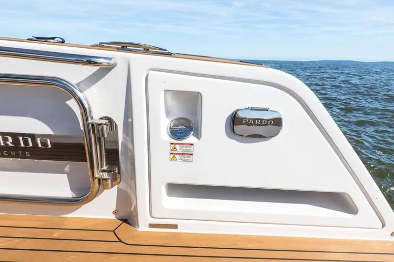  Yacht Photos Pics 2023 Pardo Yachts 43, sleek deck detail with ocean backdrop.