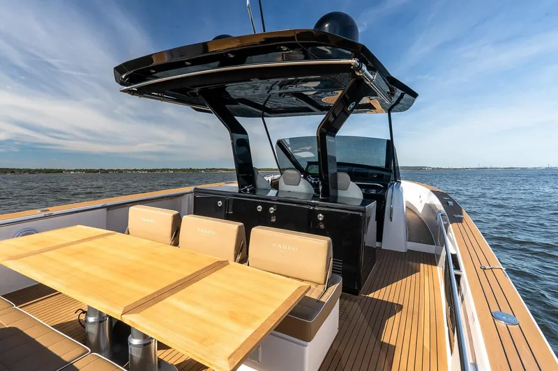  Yacht Photos Pics 2023 Pardo Yachts 43 on water, featuring sleek design and spacious deck.