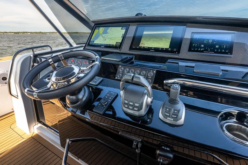  Yacht Photos Pics Helm of 2023 Pardo Yachts 43 with advanced navigation displays and controls.