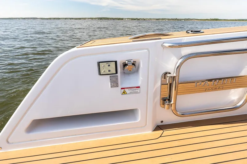  Yacht Photos Pics 2023 Pardo Yachts 43, elegant deck view with sleek design and ocean backdrop.