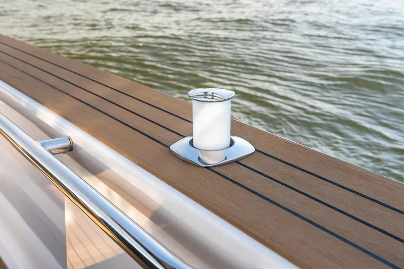  Yacht Photos Pics Pardo Yachts 43 (2023) deck detail with sleek wood finish and chrome fittings.