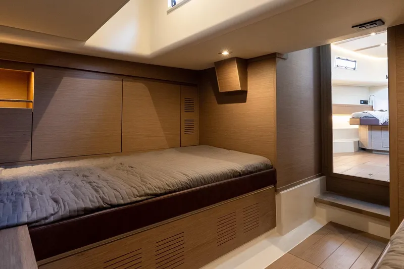  Yacht Photos Pics Luxurious interior of 2023 Pardo Yachts 43, featuring cozy wooden cabin and modern design.