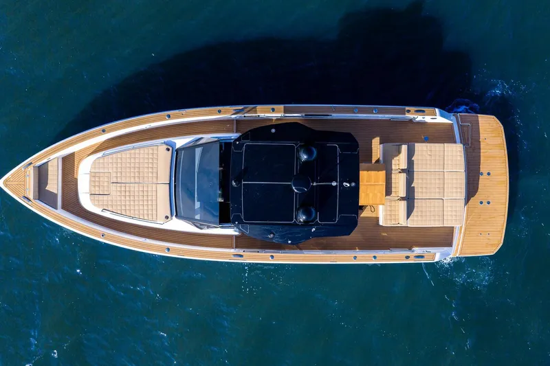  Yacht Photos Pics Aerial view of 2023 Pardo Yachts 43 luxury yacht on blue water.