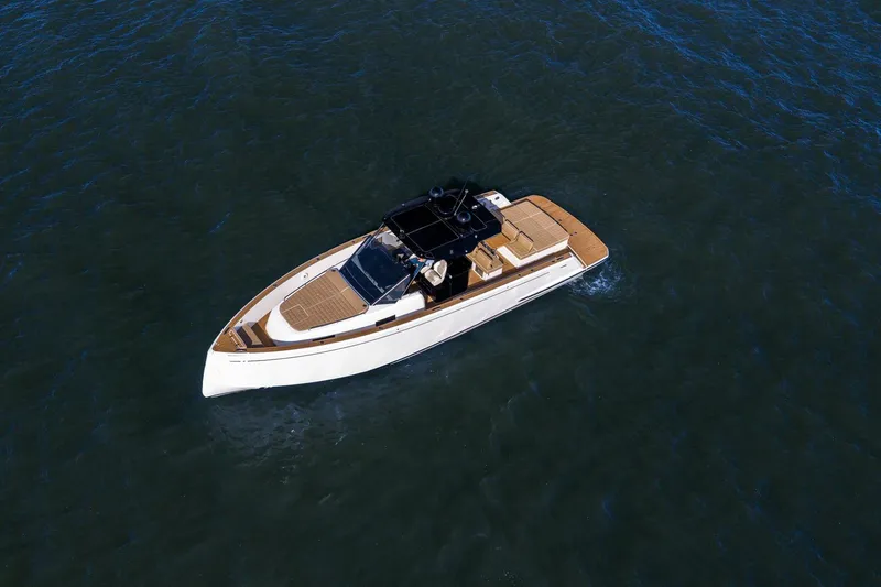  Yacht Photos Pics 2023 Pardo Yachts 43 cruising on open water, aerial view.