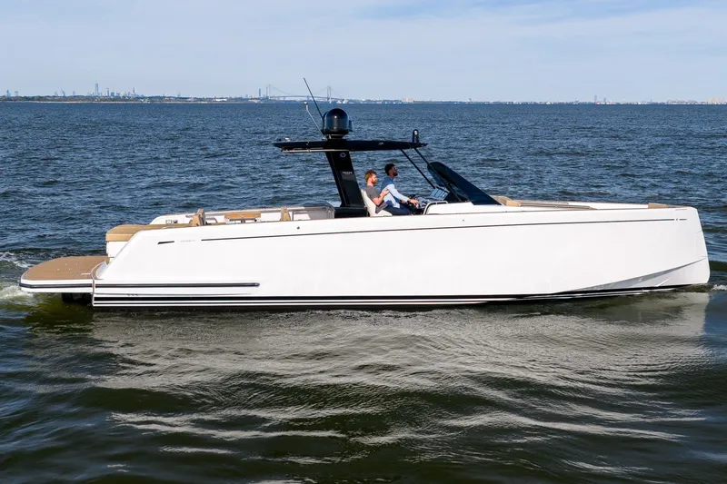  Yacht Photos Pics 2023 Pardo Yachts 43 cruising on open water, showcasing sleek design and luxury features.