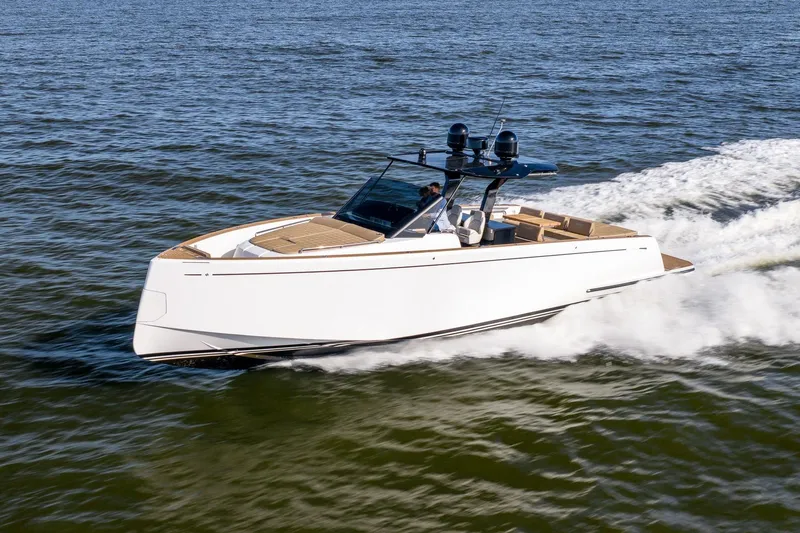  Yacht Photos Pics 2023 Pardo Yachts 43 cruising on open water, showcasing sleek design and performance.