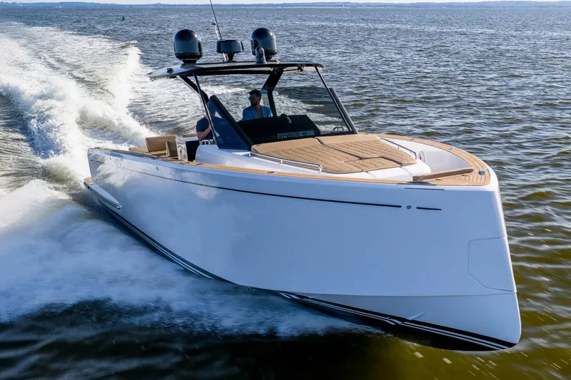  Yacht Photos Pics 2023 Pardo Yachts 43 cruising on open water, showcasing sleek design and luxury features.
