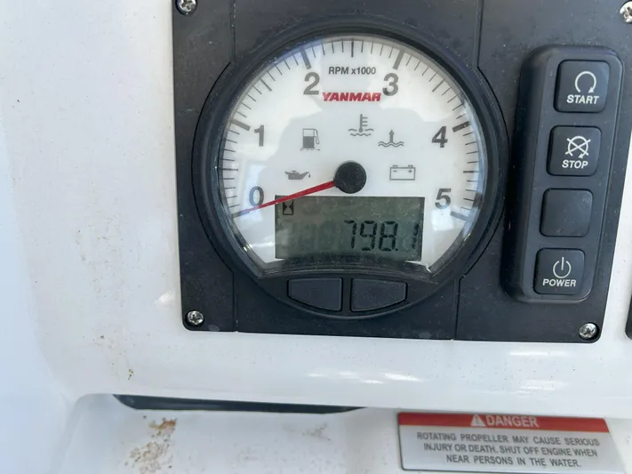 About Time Yacht Photos Pics Yanmar engine control panel on a 2021 Leopard 45, displaying 798 RPM.
