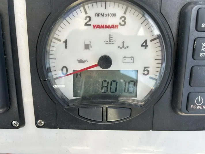 About Time Yacht Photos Pics Yanmar RPM gauge on Leopard 45, 2021 model, displaying 801.0 hours.