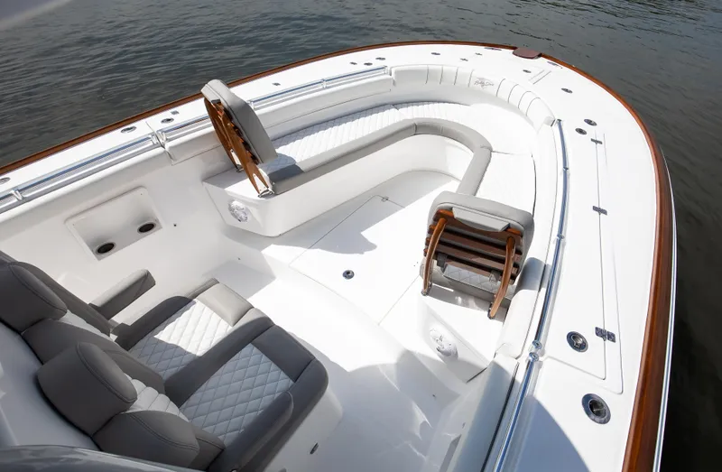  Yacht Photos Pics 2025 Buddy Davis 34 Center Console boat interior with sleek seating and modern design.