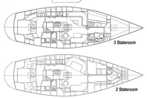 Sv Indago Yacht Photos Pics Floor plan of 1991 Tayana 47 CC yacht, showing two and three stateroom layouts.