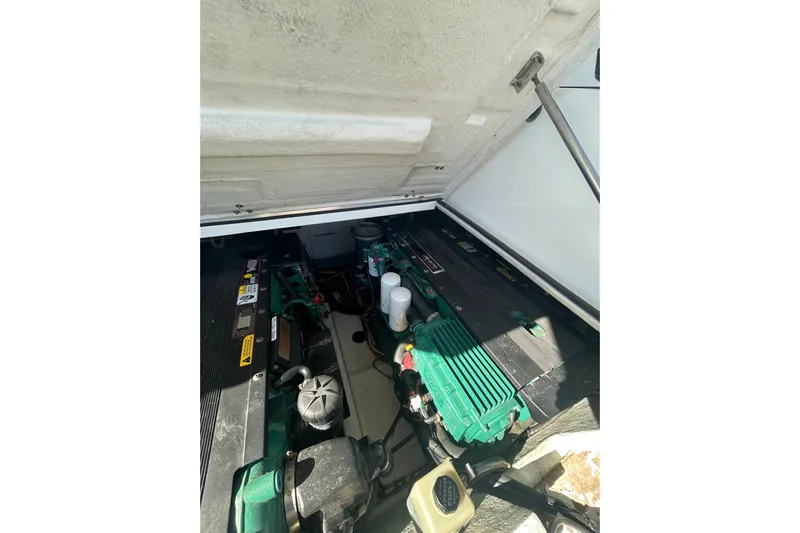  Yacht Photos Pics Engine compartment of a 2012 Beneteau Gran Turismo 44 yacht, showcasing mechanical components.