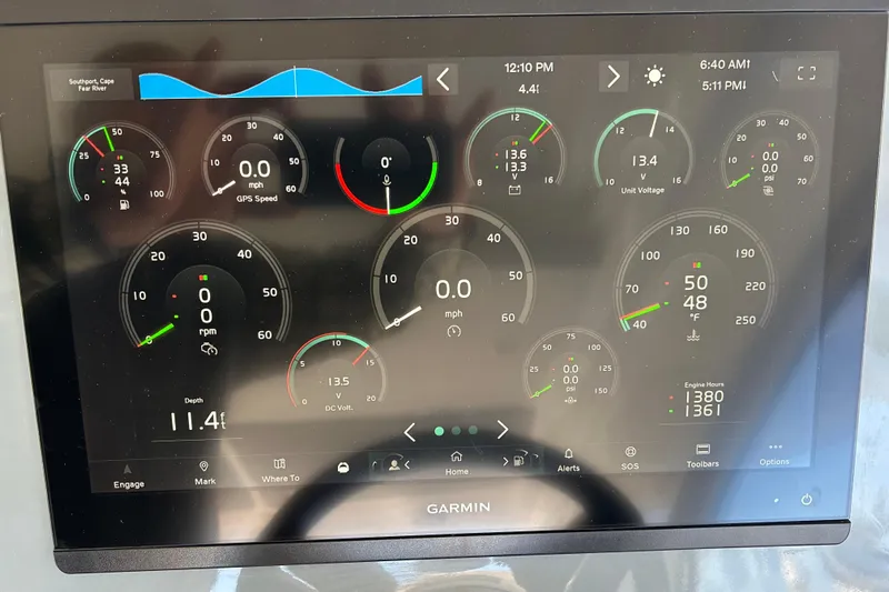  Yacht Photos Pics Garmin display on 2012 Beneteau Gran Turismo 44 showing navigation and engine metrics.