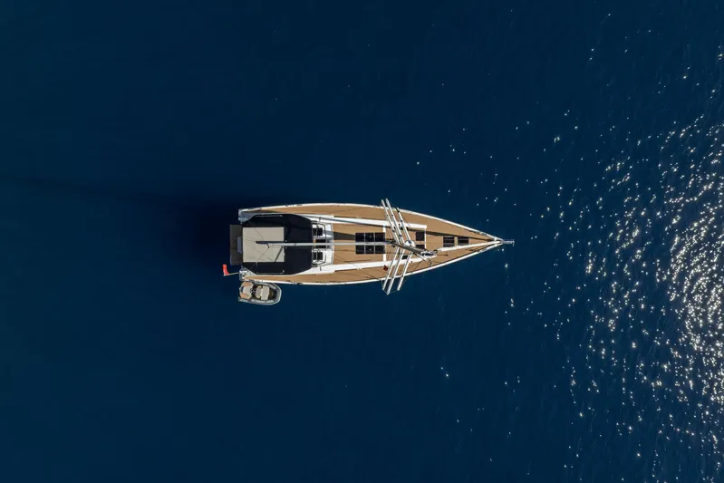 Hanse 588 Yacht Photos Pics Top view of 2024 Hanse 588 yacht sailing on deep blue water.